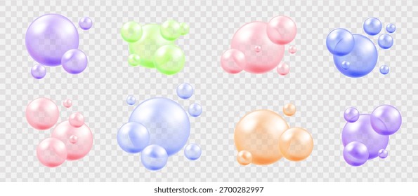 Pink collagen serum or soap bubbles, 3D realistic vector set. Transparent spheres with cosmetic skincare essence, vitamin or moisture drops, and glossy bubble-gum balls.