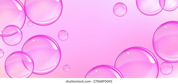 Rosa Kollagen Serum oder Seifenblasen, 3D realistische Vektorgrafik. Transparente Kugeln mit kosmetischer Hautpflege, Vitamin- oder Feuchtigkeitstropfen und glänzenden Kaugummikugeln.
