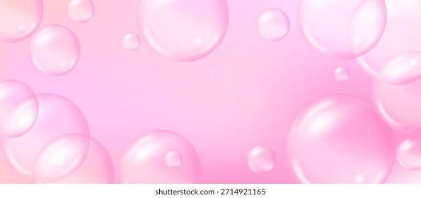 Suero de colágeno rosa o burbujas de jabón, conjunto de Vector realista 3D. Esferas transparentes con esencia cosmética para el cuidado de la piel, gotas de vitaminas o humedad y bolas de goma de mascar brillantes.