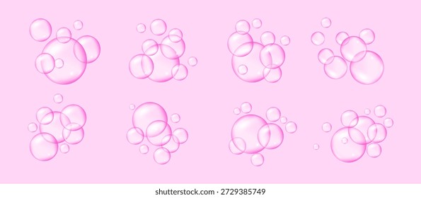 Rosa Kollagen Serum oder Seifenblasen, 3D realistische Vektorgrafik. Transparente Kugeln mit kosmetischer Hautpflege-Essenz, Vitamin- oder Feuchtigkeitstropfen und glänzenden Kaugummikugeln.