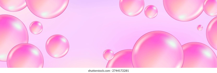 Pink collagen serum or soap bubbles, 3D realistic vector set. Transparent spheres with cosmetic skincare essence, vitamin or moisture drops, and glossy bubble-gum balls.