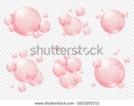 Pink collagen serum or soap bubbles. Cosmetic skincare essence, vitamin or moisture drops. Pink transparent spheres, chewing bubble gum balls. 3D realistic vector set.