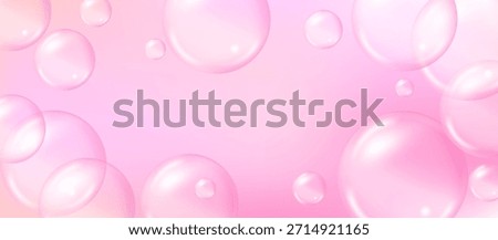 Pink collagen serum or soap bubbles, 3D realistic vector set. Transparent spheres with cosmetic skincare essence, vitamin or moisture drops, and glossy bubble gum balls.