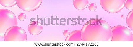 Pink collagen serum or soap bubbles, 3D realistic vector set. Transparent spheres with cosmetic skincare essence, vitamin or moisture drops, and glossy bubble-gum balls.