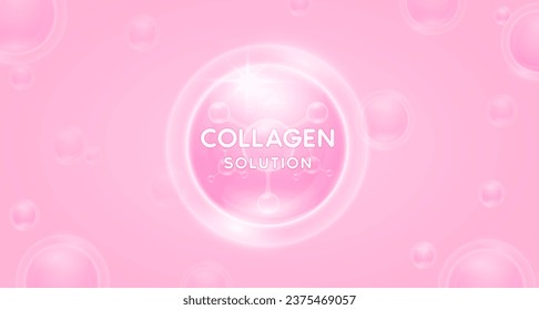 Pink collagen solution floating in the air. Hyaluronic Acid and Moisturizer Vitamins serum skin care. For cosmetic banner or beauty nutrition. Essential supplement to the health skin. Vector.