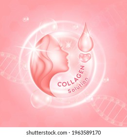 Pink Collagen solution Serum drop, cosmetic advertising background ready to use, hyaluronic acid skin care ad. 3D vector EPS10.