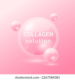 Pink collagen solution. Substance for beauty cosmetic with chemical formula from nature. Vitamins serum and hyaluronic acid skincare. Medical scientific concept. 3D Realistic Vector.