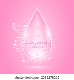 Pink collagen solution surround with DNA molecule. Hyaluronic Acid and Moisturizer Vitamins serum skin care essential the health. For cosmetic or beauty nutrition. Vector EPS10.