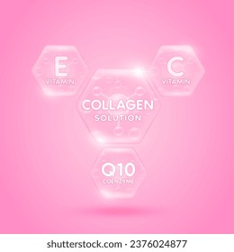 Pink collagen solution Vitamin C, E with coenzyme Q10 in hexagon. Hyaluronic acid serum and Moisturizer Essential to the health skin care. For cosmetic label or beauty nutrition. Vector EPS10.