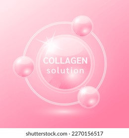 Pink collagen solution. Vitamins serum and hyaluronic acid skincare. Substance for beauty cosmetic with chemical formula from nature. Medical scientific concept. 3D Realistic Vector.