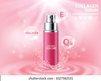 Pink collagen vitamin skin care cream , serum vector illustration