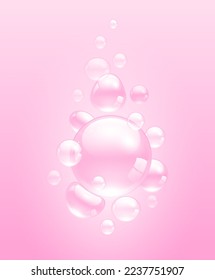 Pink collagen vitamins bubbles and hyaluronic acid solution. Water serum droplets transparent realistic 3D. For cosmetic advertising design. Isolated on pink background. Vector illustration.