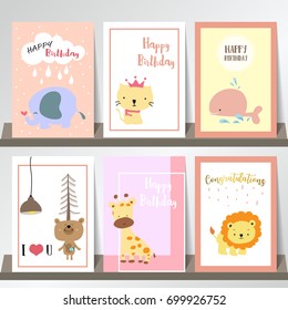 Pink collection for banners,Placards with elephant,cat,whale,bear,giraffe and lion