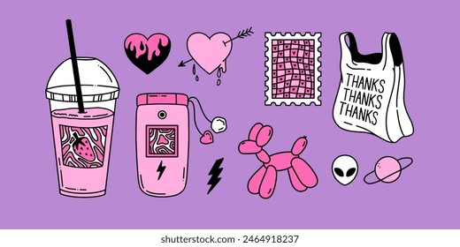 Pink collection of doodle 2000s elements. Y2K color vector set. Sticker pack in retro trendy style. Hand Drawn Dog balloon, flip phone, strawberry milkshake, plastic bag, stamp and emo hearts