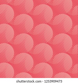 Сoral pink color abstract background pattern. Geometric seamless motif with shades of trendy pastel red. Vector repeatable rapport for wrapping paper, fabric, backdrop. Round shape 60s style tracery