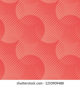 Сoral pink color abstract background pattern. Geometric seamless motif with shades of trendy pastel red. Vector repeatable rapport for wrapping paper, fabric, backdrop. Round shape 60s style tracery