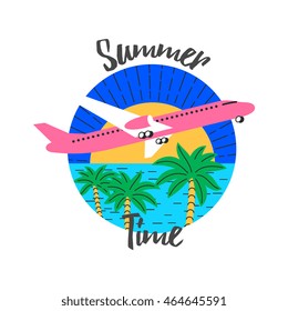 pink color airplane and palm trees, blue wave sea, vector graphic art illustration, retro vintage style badge isolated on white background.