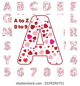 Pink color alphabet letters and number with heart shape.