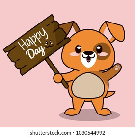 pink color background with cute kawaii animal dog standing with wooden sign happy day
