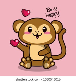 Pink Color Background With Cute Kawaii Animal Monkey Holding A Heart