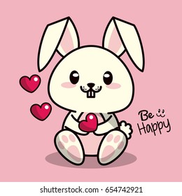 pink color background with cute kawaii animal rabbit with heart in your arms
