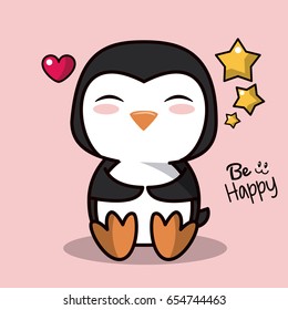 pink color background with cute kawaii animal penguin and floating hearts with stars