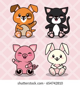 pink color background with diamonds silhouettes with cute kawaii domestic animals