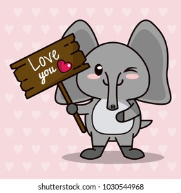 pink color background with hearts silhouettes and cute kawaii animal elephant standing with wooden sign love you and heart