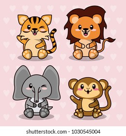 pink color background with hearts silhouettes with cute kawaii wild animals