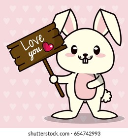 pink color background with hearts silhouettes and cute kawaii animal bunny standing with wooden sign love you and heart