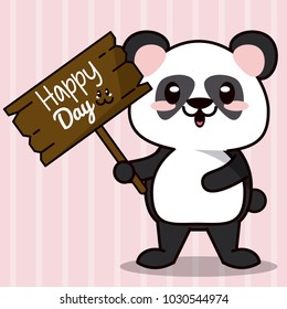 pink color background with stripe lines silhouettes and cute kawaii animal bear panda standing with wooden sign happy day
