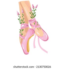 Pink color ballet shoes with ribbon bow and spring flowers. Vector illustration.