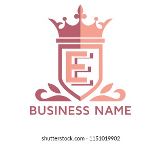 pink color beautiful simple luxury classic vintage swirl or floral shield border logo design template with initial name of business company on it type letter e