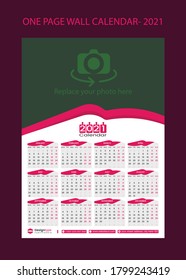 Pink color beauty 2021 new year one page wall calendar template design.Simple elegant design. Print-ready file. Week starts on Monday