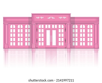 Pink color building for cafe, shop, residence. Facade of a classical building. Baroque classical style. Vector illustration.  Pink color house. Romantic palace
