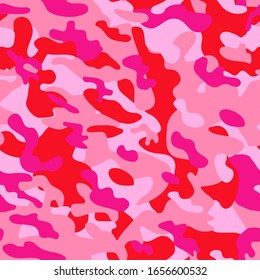 Pink color camouflage texture seamless pattern. Army camo fashion background print in rose colors, stylish vector element textile for girl