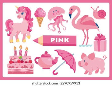 Pink color cartoon illustration for learning colors. Cute pink objects set for kids: unicorn, ice cream, piglet, flamingo, cake, teapot, gift, snail, jellyfish, umbrella.