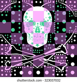 Pink color checkered pattern with black geometric background together and skull cross Bones illustration For fashion design, t shirt print, clothes, graphic design, poster, Special gift offer, card