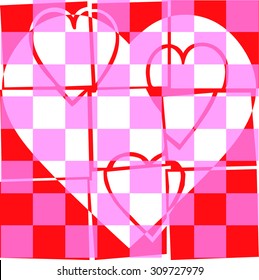 pink color checkered pattern with red background and broken heart illustration together vector print pattern. for fashion and graphic design valentines day, block print, gift card, tag design, poster