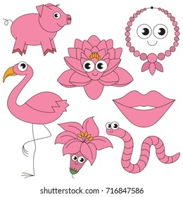 Pink Color elements set, collection of coloring book template, the group of outline digital elements vector illustration, kid educational game page.