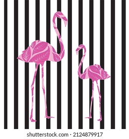 Pink color flamingo pattern on black and white lines, vector