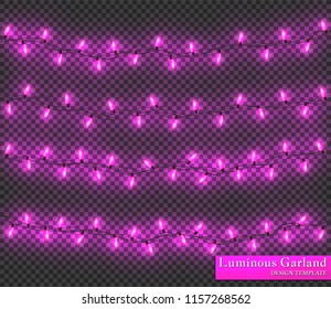 Pink Color garland, festive decorations. Glowing christmas lights isolated on transparent background.