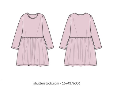 Pink color girl's dress, long sleeve, waist seam, flat sketch, front and back views