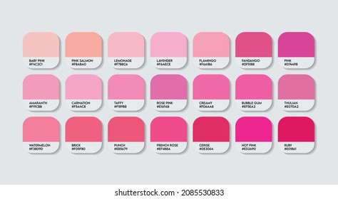 Pink Color Guide Palette with Color Names. Catalog Samples Pink with RGB HEX codes and Names. Metal Colors Palette Vector, Wood and Plastic Pink Color Palette, Fashion Trend Pink Color Palette
