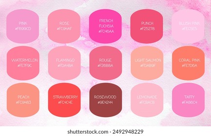 Pink Color Guide Palette with color Names. Catalog Samples Pink with RGB HEX codes and Names. 15  red color names with hex codes