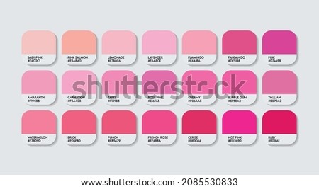 Pink Color Guide Palette with Color Names. Catalog Samples Pink with RGB HEX codes and Names. Metal Colors Palette Vector, Wood and Plastic Pink Color Palette, Fashion Trend Pink Color Palette