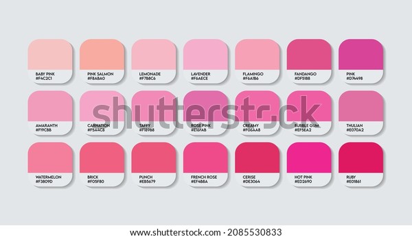 Pink\
Color Guide Palette with Color Names. Catalog Samples Pink with RGB\
HEX codes and Names. Metal Colors Palette Vector, Wood and Plastic\
Pink Color Palette, Fashion Trend Pink Color\
Palette