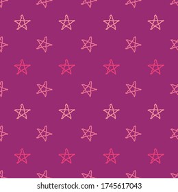 Pink color hand drawn stars line art seamless pattern on dark background for wallpaper, packaging and textile.