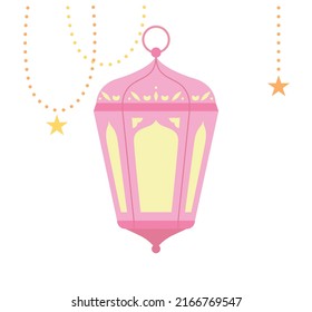 Linterna de color rosa y cuerda dorada con hermosos patrones árabes. ilustración vectorial de estilo de diseño plano.