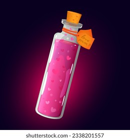 Pink color love potion in a glass bottle. Design element, icon for game, vector illustration